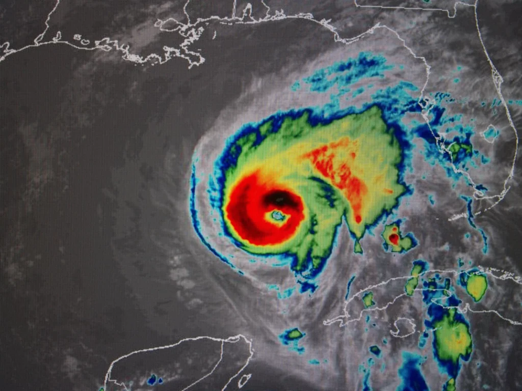 GESat thermal infrared satellite image of hurricane showing eye wall intensity and wind gradient for real-time storm tracking and insurance parametric triggers
